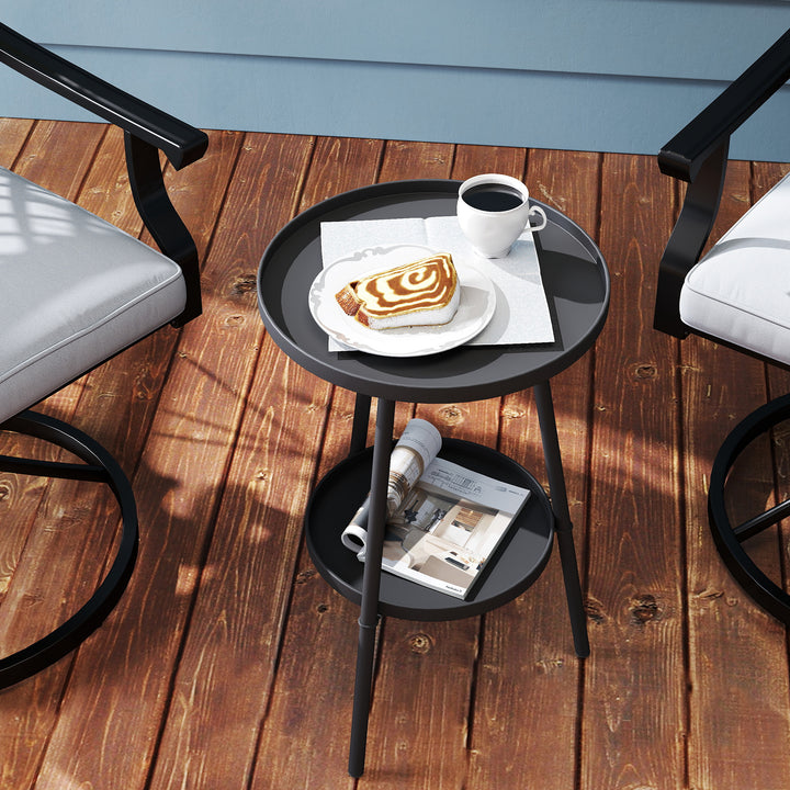 Mesa de Jardim Redonda de 2 Níveis Mesa de Exterior Ø32x51 cm com Bandeja Inferior e Estrutura de Metal Mesa para Exterior e Interior Preto