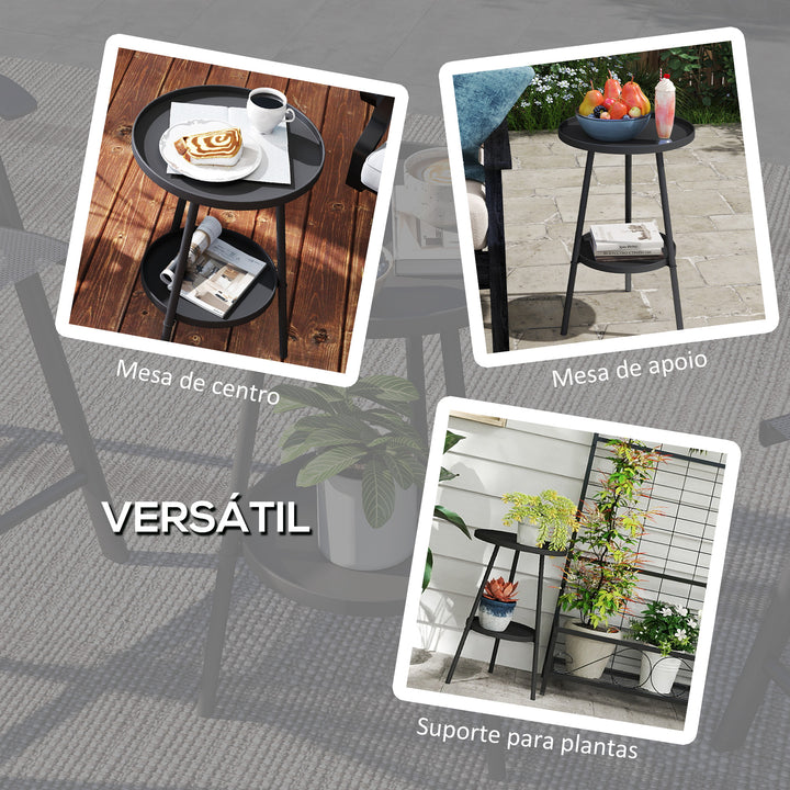 Mesa de Jardim Redonda de 2 Níveis Mesa de Exterior Ø32x51 cm com Bandeja Inferior e Estrutura de Metal Mesa para Exterior e Interior Preto