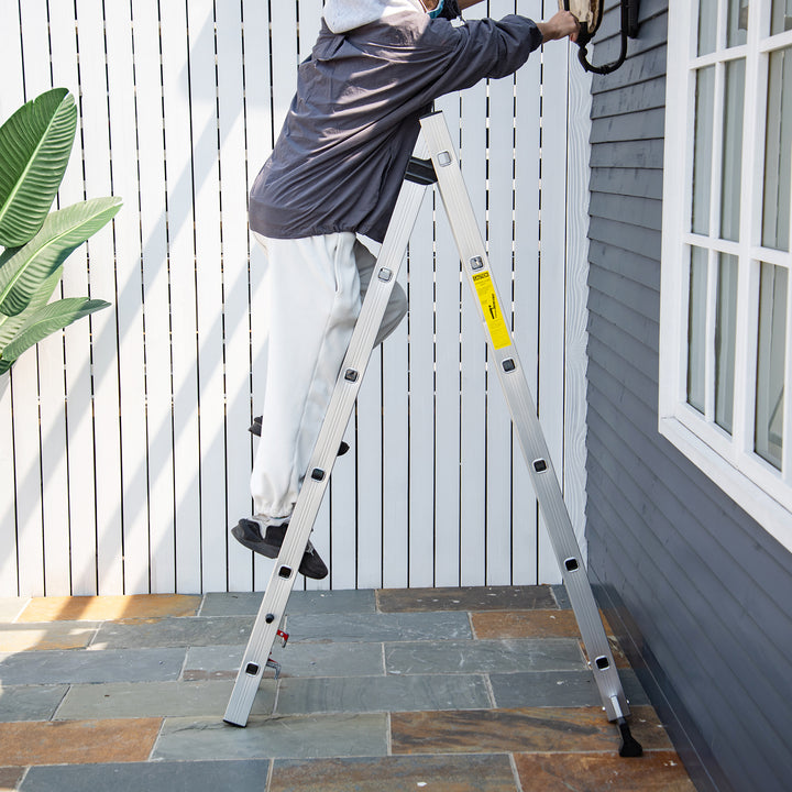 Escada dobrável de alumínio portátil 2 maneiras de usar o trilho de articulação 150kg de prata