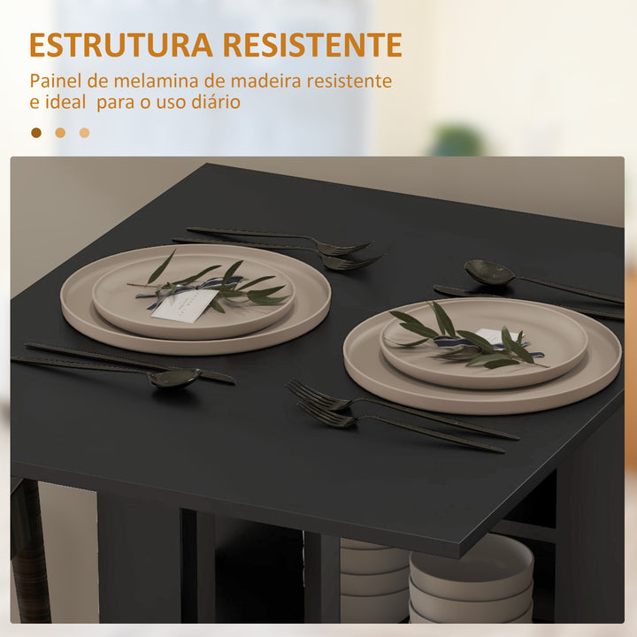Mesa de Cozinha com Laterais Dobráveis Mesa de Refeição com 2 Rodas e Prateleiras Estilo Moderno 120x60x75 cm Preto