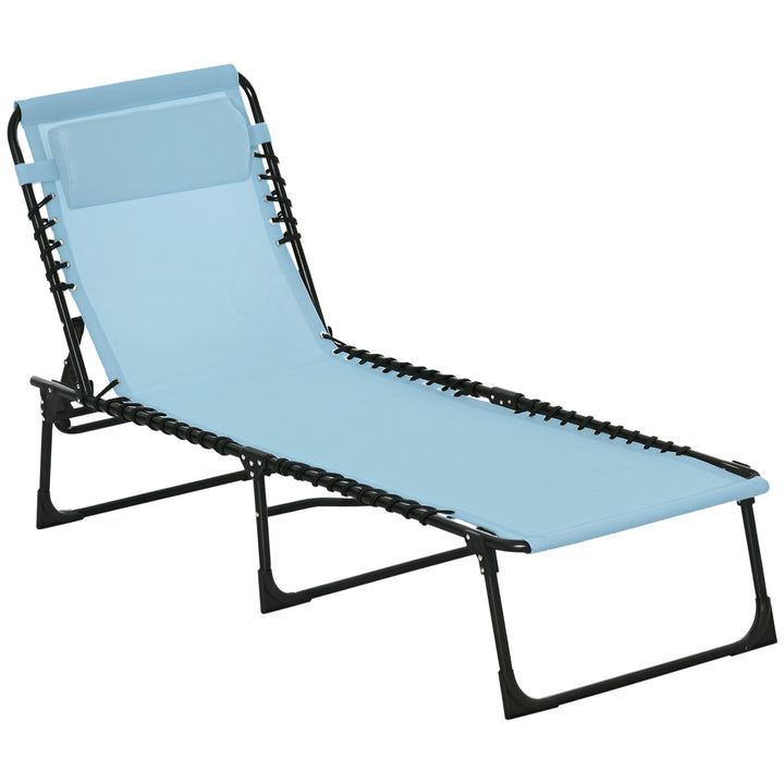 Espreguiçadeira Dobrável Jardim Exterior Reclinável 4 Posições com Apoio de Cabeça e Estrutura em Aço Carga 120 kg para Terraço Piscina Praia 189x58x30 cm Azul Claro