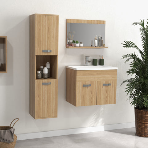 Conjunto de Móveis para Casa de Banho de Parede 3 Peças Inclui Espelho com Prateleira Móvel com Lavatório Cerâmico e Coluna de Casa de Banho Estilo Moderno Madeira