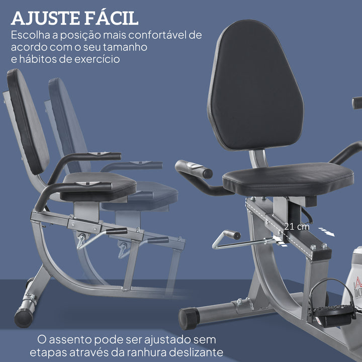 Bicicleta ergométrica reclinável com tela LCD e volante de 3 kg resistência magnética de 8 níveis assento ajustável 121,5-136x62,5x98 cm cinza