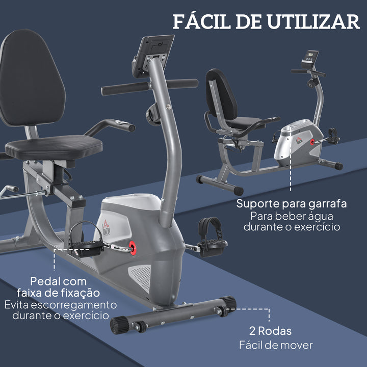 Bicicleta ergométrica reclinável com tela LCD e volante de 3 kg resistência magnética de 8 níveis assento ajustável 121,5-136x62,5x98 cm cinza