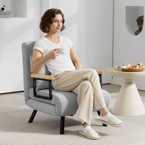 Poltrona Convertível em Cama Dobrável Poltrona 3 em 1 Convertível em Cama com Encosto Ajustável em 5 Níveis e Almofada Acolchoada Carga 120 kg 63x73x81 cm Cinza Claro