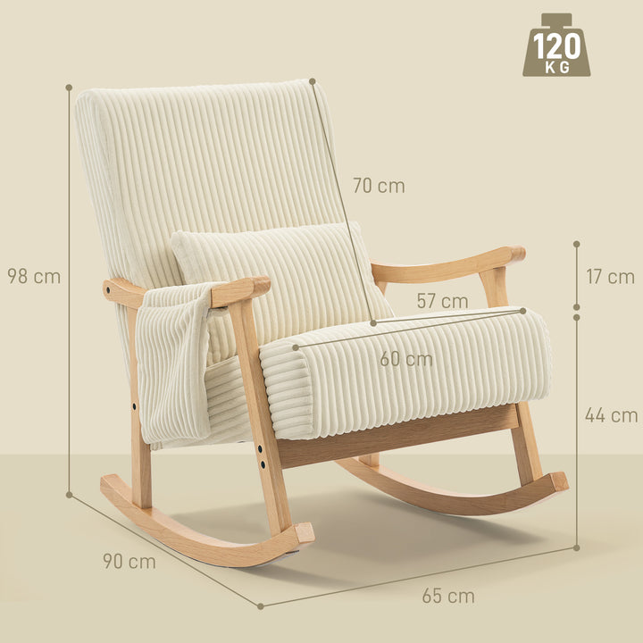 Cadeira de Baloiço, Cadeira de Veludo Cotelê com Almofada Lombar, Pés e Braços em Madeira, Assento Largo, Bolso Lateral, Estilo Moderno, Cadeira de Relaxamento, Suporta até 120 kg, para Quarto ou Sala, Bege