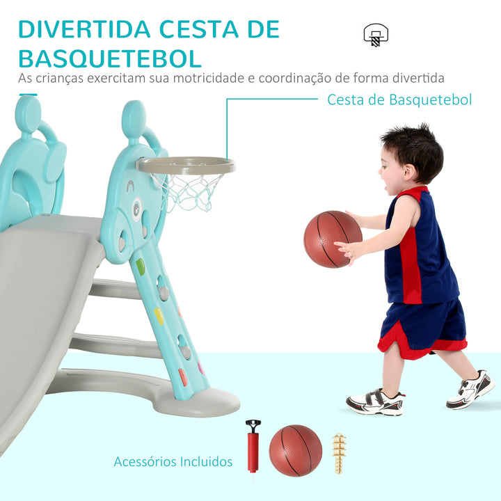 Escorrega Infantil Dobrável com Cesta de Basquetebol para Crianças acima de 18 meses Modelo Girafa para Interiores e Exteriores 140x87x75cm Azul e Cinza