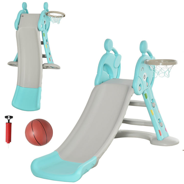 Escorrega Infantil Dobrável com Cesta de Basquetebol para Crianças acima de 18 meses Modelo Girafa para Interiores e Exteriores 140x87x75cm Azul e Cinza