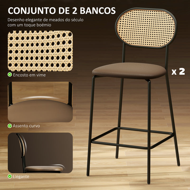 Conjunto de 2 Bancos de Bar Bancos Altos de Cozinha com Encosto em Vime Assento em PU Estrutura de Aço e Apoio para Pés para Sala de Jantar Balcão 45x50x97 cm Marrom