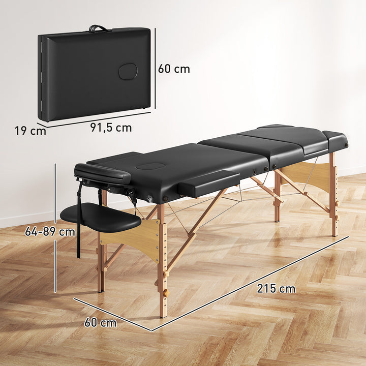 Marquesa de Massagem Dobrável Portátil Marquesa Estética Profissional em Madeira de 3 Zonas com Altura Ajustável Apoio de Cabeça Apoios de Braço Acolchoados 215x60x64-89 cm Preto