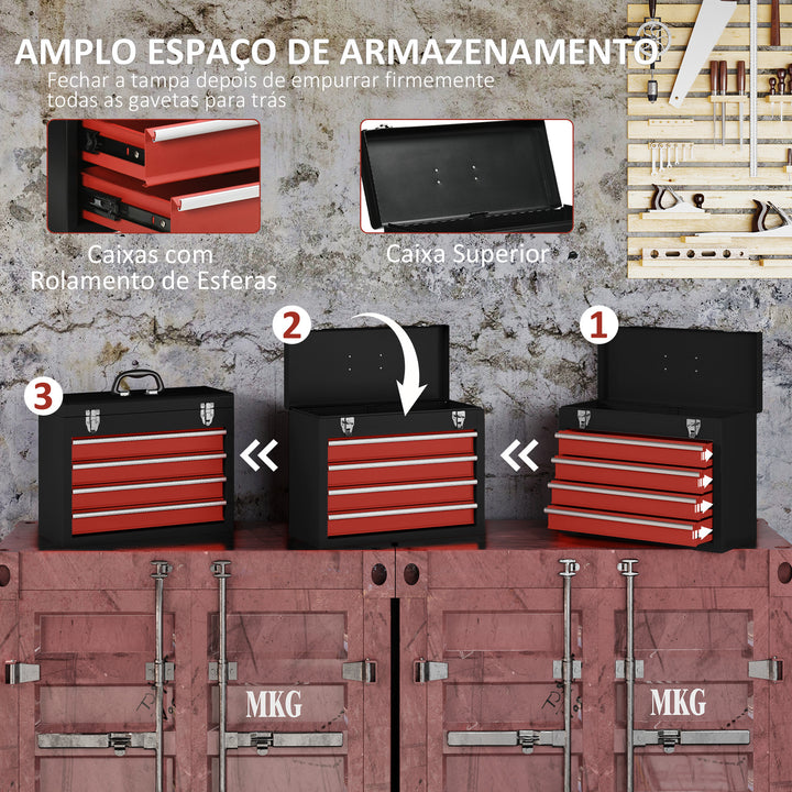 Caixa de Ferramentas de Aço com 4 Gavetas Tampa Abatível e Fechaduras Metálicas Mala de Ferramentas Portátil para Oficina Bricolage Casa 51x22x39,5 Preto e Vermelho