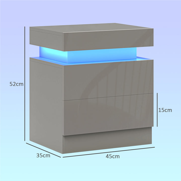 Mesa de Cabeceira com Luz LED Mesa de Cabeceira com Painel de Alto Brilho 2 Gavetas e Controlo Remoto para Sala de Estar Dormitório 45x35x52 cm Cinzento