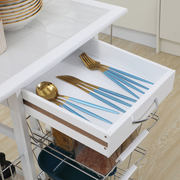 Carrinho de Cozinha com Rodas Carrinho de Cozinha com Bancada Gaveta 4 Cestas de Metal e 4 Suportes para Temperos Laterais para Cozinha 57x37x83cm Branco
