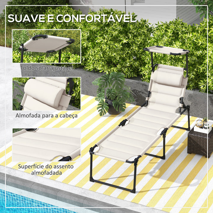 Espreguiçadeira Dobrável Espreguiçadeira de Jardim com Toldo Ajustável Encosto Regulável em 4 Níveis e Apoio de Cabeça para Jardim Terraço Piscina 70x200x45 cm Creme