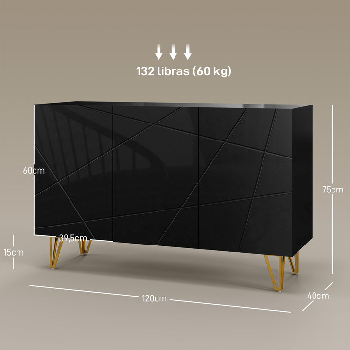 Aparador para Sala Aparador de Entrada com 3 Portas e Prateleiras Ajustáveis Armário de Armazenamento para Cozinha Sala 120x40x75 cm Preto Brilhante