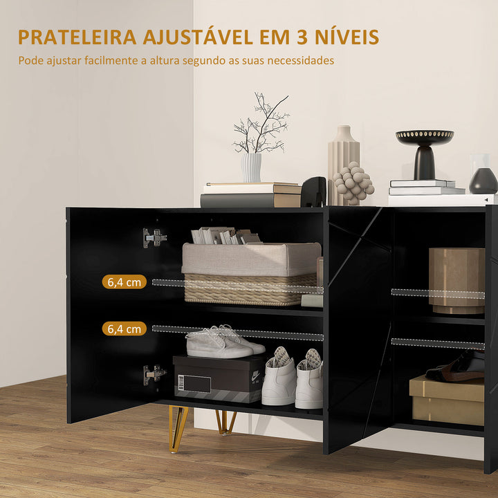 Aparador para Sala Aparador de Entrada com 3 Portas e Prateleiras Ajustáveis Armário de Armazenamento para Cozinha Sala 120x40x75 cm Preto Brilhante