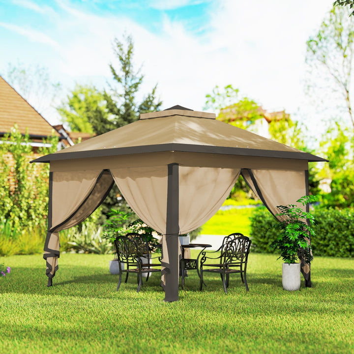 Pérgola Dobrável Exterior 3,3x3,3 m com Altura Ajustável Pérgola de Jardim com Teto Duplo 4 Mosquiteiras Removíveis e Bolsa de Transporte para Acampamento Festas Bege