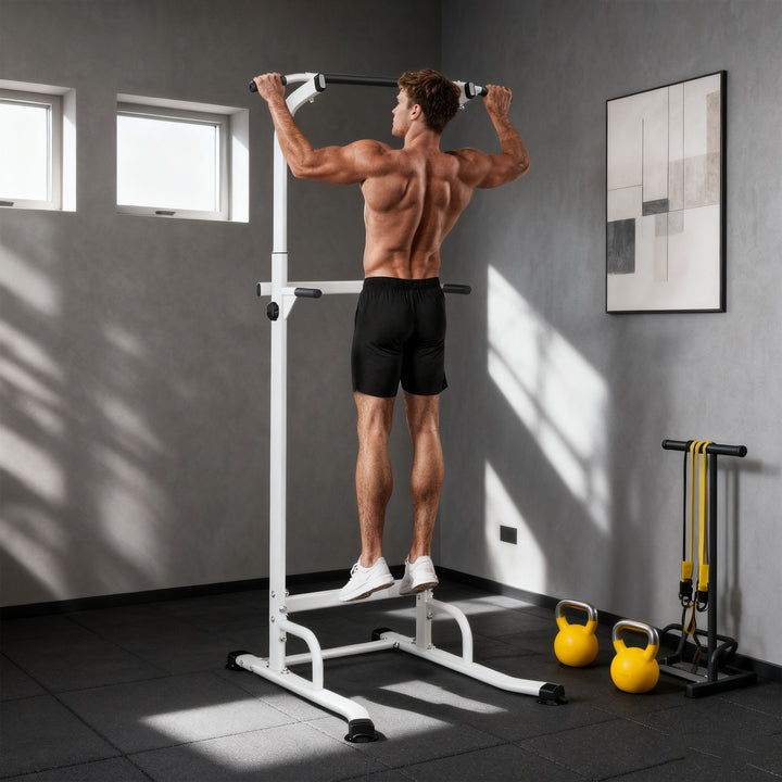 Barra de Elevações com Altura Ajustável 176,5-227 cm Resistente para Ginásio em Casa Máquina de Elevações Multifuncional para Treino de Força Capacidade 120 kg Branco