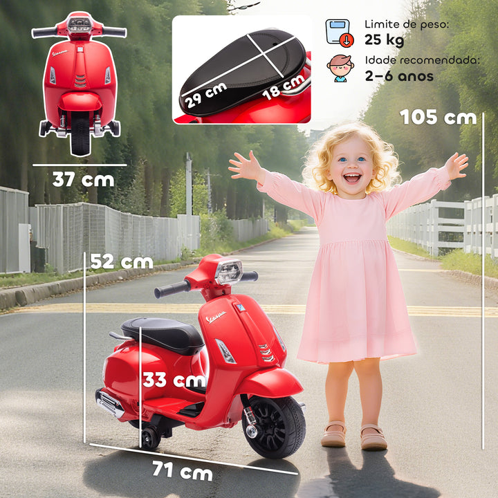 Mota Elétrica para Crianças 6V com Licença Vespa Mota Elétrica Infantil com Rodas Auxiliares Velocidade de 2,5km/h Farol e Buzina para Crianças de 2-6 Anos 71x37x52 cm Vermelho