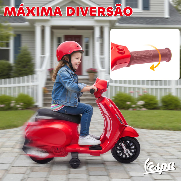 Mota Elétrica para Crianças 6V com Licença Vespa Mota Elétrica Infantil com Rodas Auxiliares Velocidade de 2,5km/h Farol e Buzina para Crianças de 2-6 Anos 71x37x52 cm Vermelho
