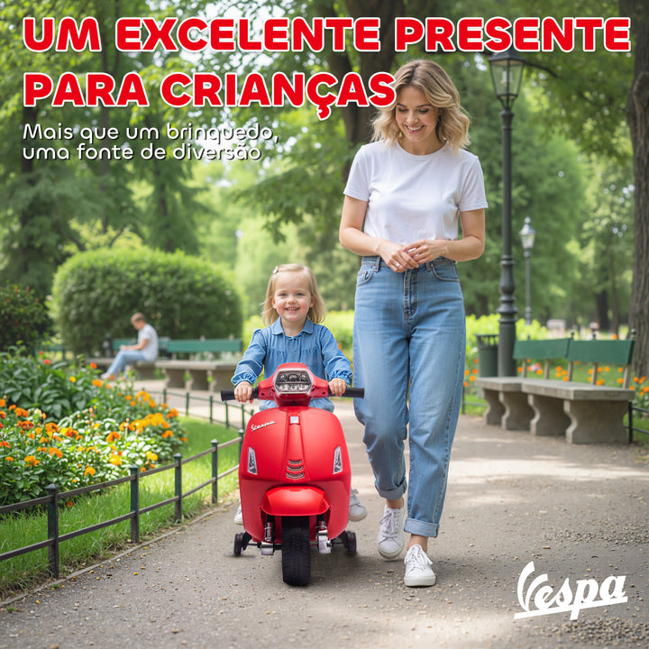 Mota Elétrica para Crianças 6V com Licença Vespa Mota Elétrica Infantil com Rodas Auxiliares Velocidade de 2,5km/h Farol e Buzina para Crianças de 2-6 Anos 71x37x52 cm Vermelho
