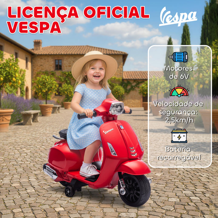 Mota Elétrica para Crianças 6V com Licença Vespa Mota Elétrica Infantil com Rodas Auxiliares Velocidade de 2,5km/h Farol e Buzina para Crianças de 2-6 Anos 71x37x52 cm Vermelho