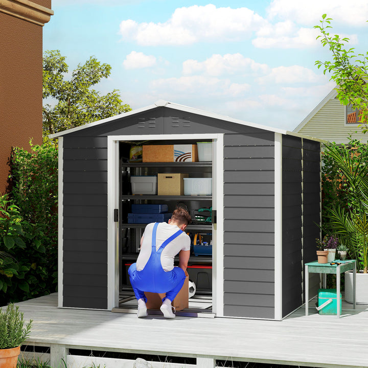 Abrigo de Jardim Exterior 4,4 m² 240x206x198 cm Abrigo de Jardim com Porta de Correr e Fechadura Armário para Jardim Pátio Cinza Escuro