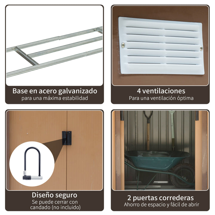 Galpão de jardim de aço com porta deslizante e ventilação para armazenamento de ferramentas 213x127x185 cm marrom