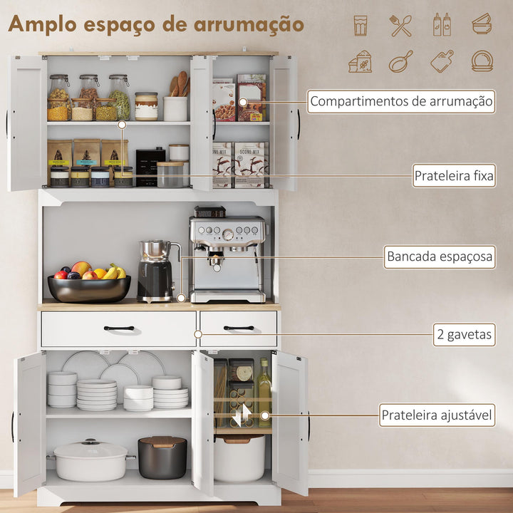 Armário de Cozinha Alto Móvel Auxiliar de Cozinha com 6 Portas Bancada Aberta para Micro-Ondas 2 Gavetas Prateleiras Ajustáveis Orifício para Cabo 94x39,5x175,2 cm Branco