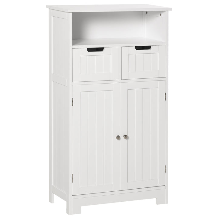 Armário de Casa de Banho com 2 Portas Prateleira Ajustável 2 Gavetas e Compartimento Aberto Móvel Auxiliar de Armazenamento para Sala de Estar Cozinha 60x30x108,8cm Branco