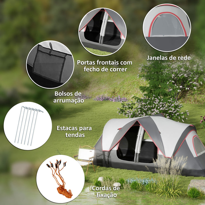 Tenda de Campismo Familiar para 6-8 Pessoas Tenda de Campismo Dobrável com 2 Quartos e Bolsa de Transporte Impermeável para Trekking 450x215x180 cm Cinza