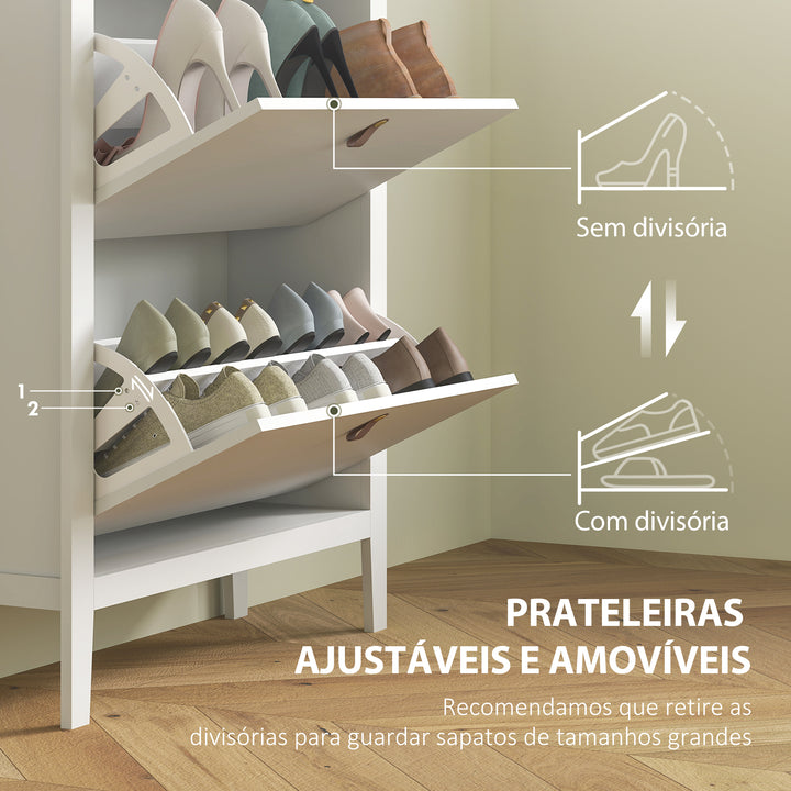 Sapateira Estreita Móvel Sapateira para Entrada com 2 Gavetas Abatíveis Prateleiras Ajustáveis e Puxadores em PU para 14 Pares de Sapatos para Corredor 80x24x95,5 cm Branco