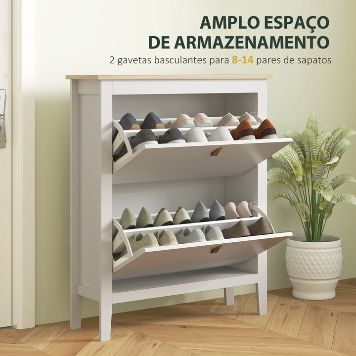 Sapateira Estreita Móvel Sapateira para Entrada com 2 Gavetas Abatíveis Prateleiras Ajustáveis e Puxadores em PU para 14 Pares de Sapatos para Corredor 80x24x95,5 cm Branco
