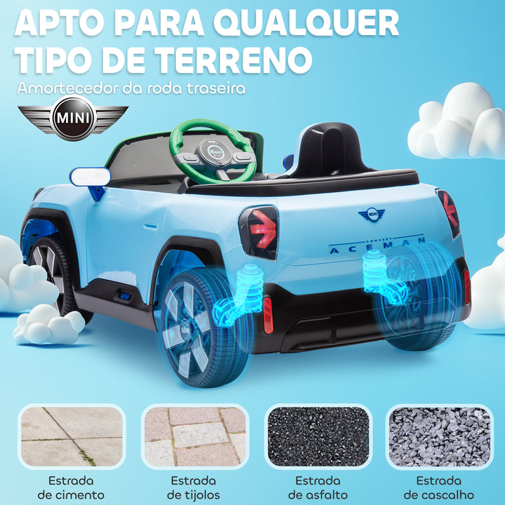 Carro Elétrico para Crianças acima de 3 Anos MINI Concept Aceman Carro a Bateria 12V com Bluetooth Controlo Remoto 2,4G Motor Duplo Suspensão Traseira Faróis Música USB 109x63x46 cm Azul