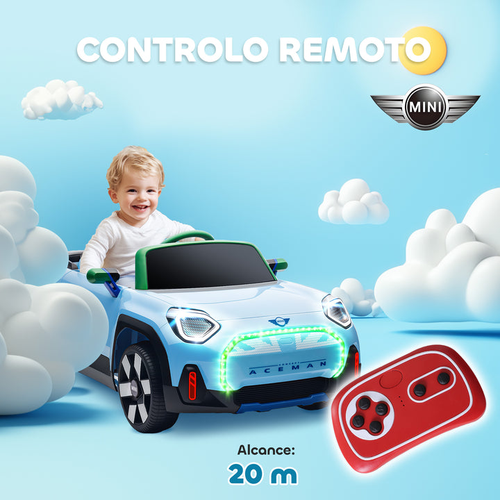 Carro Elétrico para Crianças acima de 3 Anos MINI Concept Aceman Carro a Bateria 12V com Bluetooth Controlo Remoto 2,4G Motor Duplo Suspensão Traseira Faróis Música USB 109x63x46 cm Azul