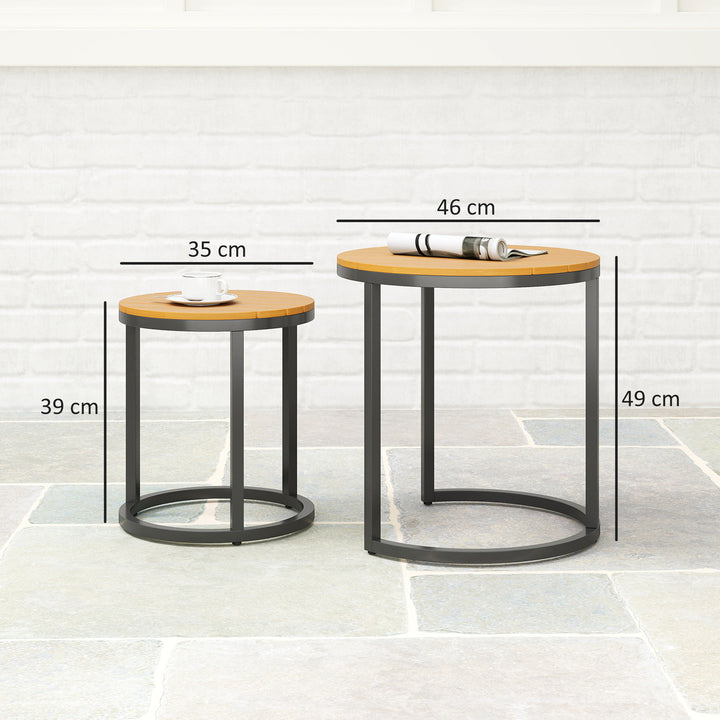 Conjunto de 2 Mesas de Jardim com Bancada de Madeira de Acácia Design Ripas Mesas Auxiliares de Jardim Empilháveis com Estrutura de Aço e Pés Ajustáveis Teca e Preto