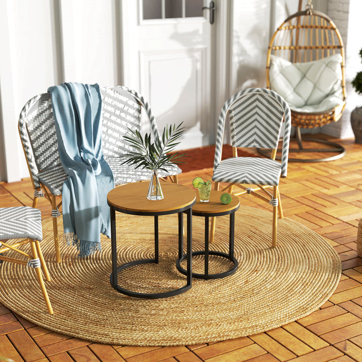 Conjunto de 2 Mesas de Jardim com Bancada de Madeira de Acácia Design Ripas Mesas Auxiliares de Jardim Empilháveis com Estrutura de Aço e Pés Ajustáveis Teca e Preto