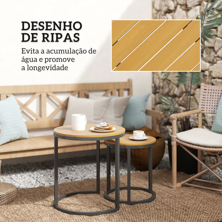Conjunto de 2 Mesas de Jardim com Bancada de Madeira de Acácia Design Ripas Mesas Auxiliares de Jardim Empilháveis com Estrutura de Aço e Pés Ajustáveis Teca e Preto