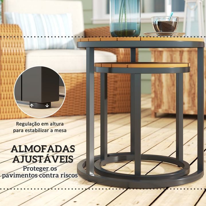 Conjunto de 2 Mesas de Jardim com Bancada de Madeira de Acácia Design Ripas Mesas Auxiliares de Jardim Empilháveis com Estrutura de Aço e Pés Ajustáveis Teca e Preto