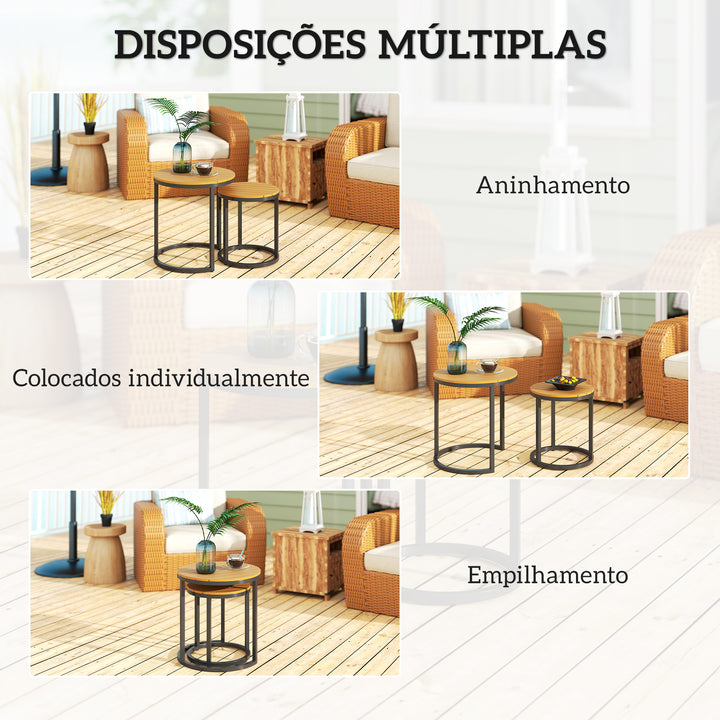 Conjunto de 2 Mesas de Jardim com Bancada de Madeira de Acácia Design Ripas Mesas Auxiliares de Jardim Empilháveis com Estrutura de Aço e Pés Ajustáveis Teca e Preto