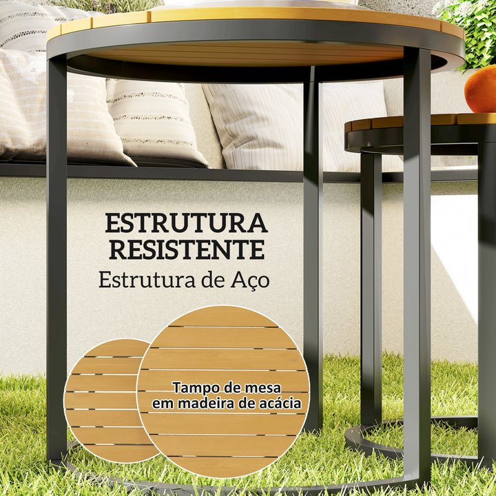 Conjunto de 2 Mesas de Jardim com Bancada de Madeira de Acácia Design Ripas Mesas Auxiliares de Jardim Empilháveis com Estrutura de Aço e Pés Ajustáveis Teca e Preto