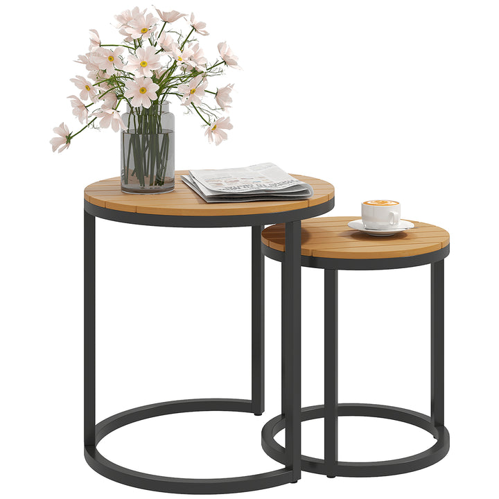 Conjunto de 2 Mesas de Jardim com Bancada de Madeira de Acácia Design Ripas Mesas Auxiliares de Jardim Empilháveis com Estrutura de Aço e Pés Ajustáveis Teca e Preto