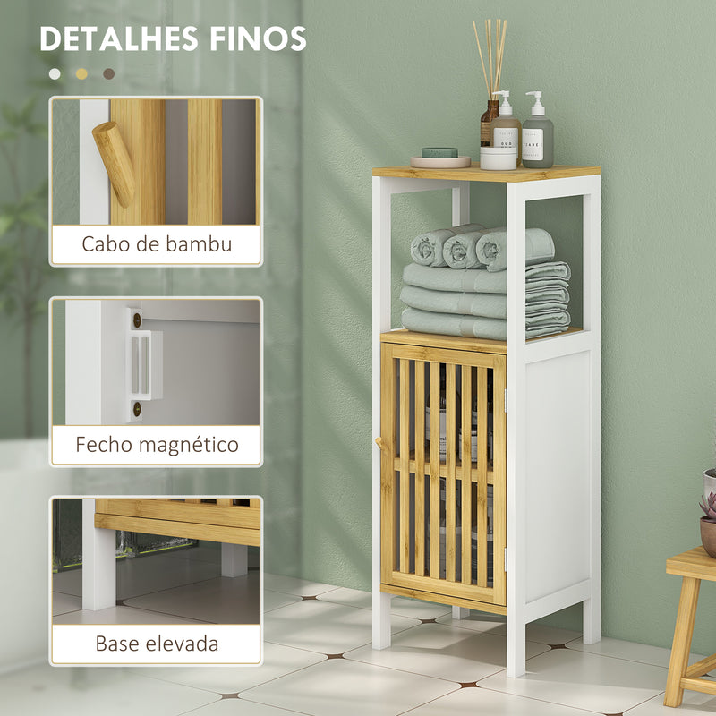 Armário Casa de Banho Móvel Auxiliar de Casa de Banho com 1 Prateleira Aberta 1 Porta e 1 Prateleira Ajustável 32x30x90,5 cm Natural e Branco