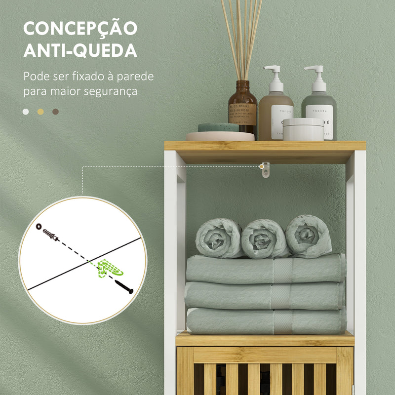 Armário Casa de Banho Móvel Auxiliar de Casa de Banho com 1 Prateleira Aberta 1 Porta e 1 Prateleira Ajustável 32x30x90,5 cm Natural e Branco