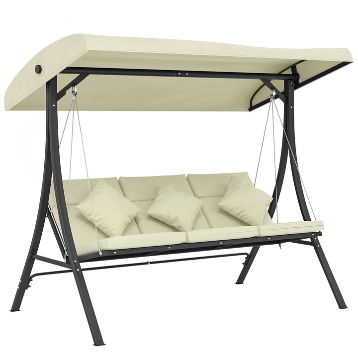 Baloiço de Jardim Exterior de 3 Lugares Baloiço com Toldo Ajustável Almofadas e Estrutura de Aço para Terraço ou Jardim Suporta até 320 kg 202x115x168 cm Bege