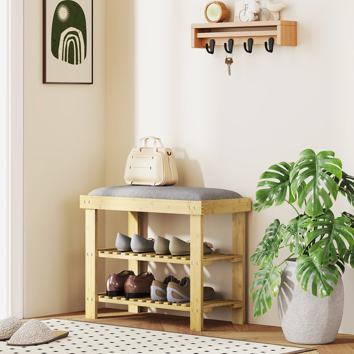 Banco Sapateira de Bambu Sapateira com Assento Almofadado 2 Prateleiras para 6 Pares de Sapatos para Entrada Dormitório 60x29x49 cm Madeira e Cinzento