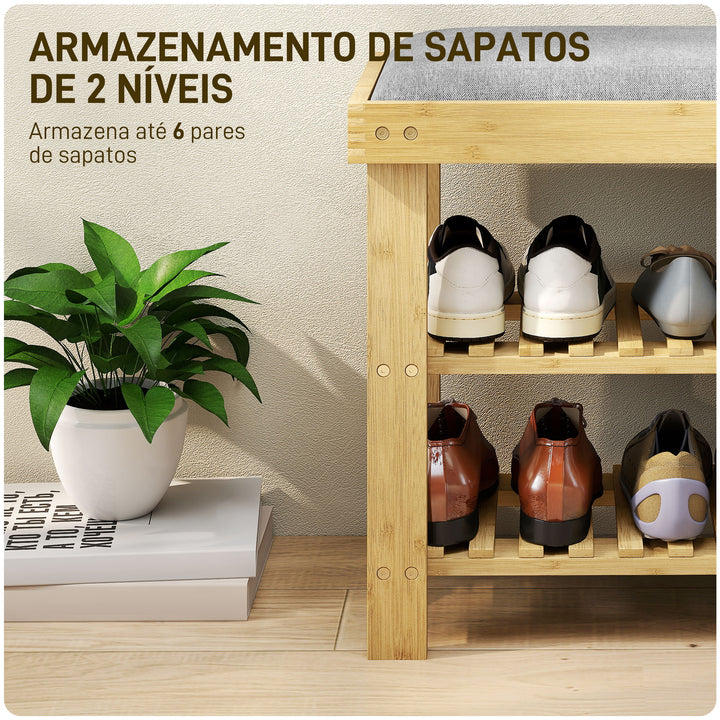 Banco Sapateira de Bambu Sapateira com Assento Almofadado 2 Prateleiras para 6 Pares de Sapatos para Entrada Dormitório 60x29x49 cm Madeira e Cinzento