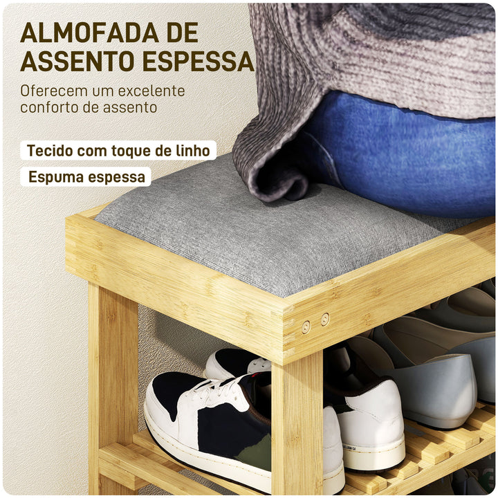 Banco Sapateira de Bambu Sapateira com Assento Almofadado 2 Prateleiras para 6 Pares de Sapatos para Entrada Dormitório 60x29x49 cm Madeira e Cinzento