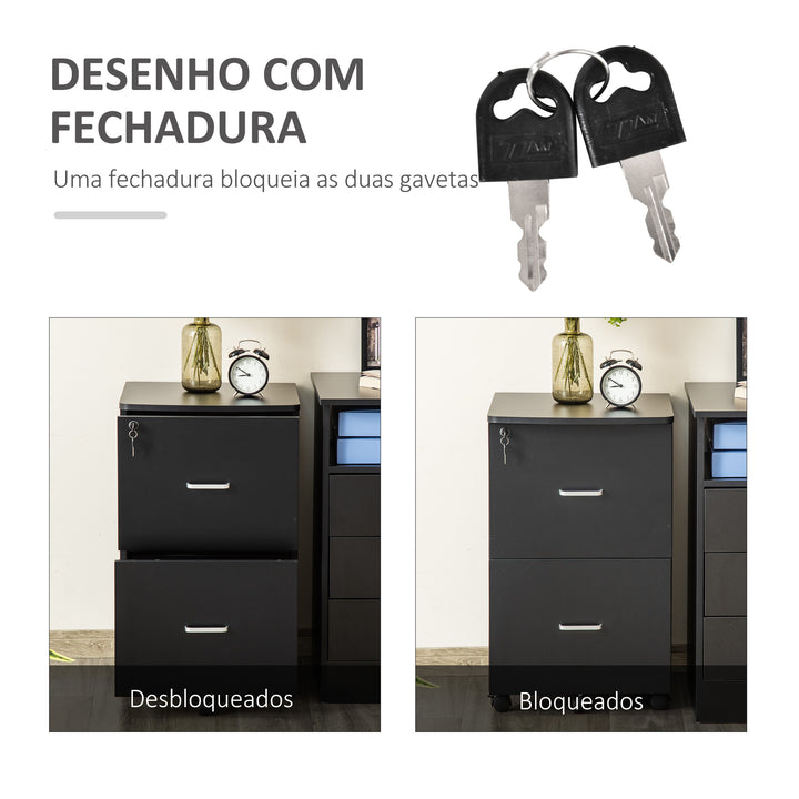 Bloco de Gavetas de Escritório Móvel Auxiliar para Arquivos com 2 Gavetas Fechadura 2 Chaves 5 Rodas e 2 Freios para Estúdio Escritório Dormitório 43x45x72cm Preto