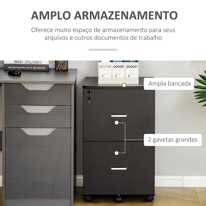Bloco de Gavetas de Escritório Móvel Auxiliar para Arquivos com 2 Gavetas Fechadura 2 Chaves 5 Rodas e 2 Freios para Estúdio Escritório Dormitório 43x45x72cm Preto